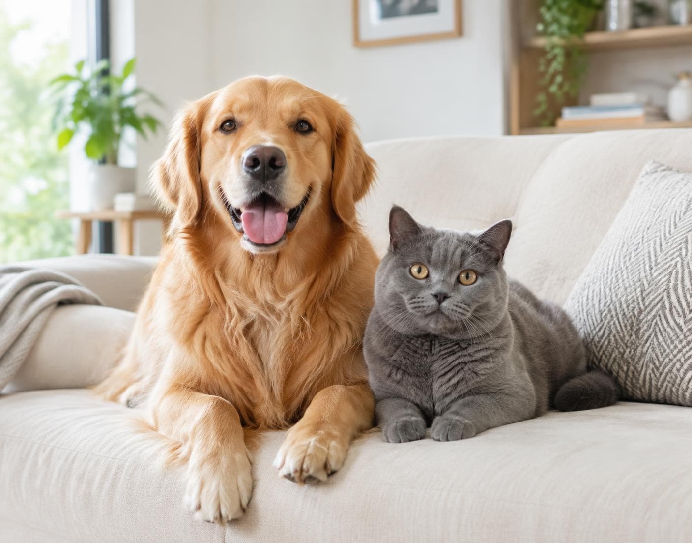 Happy golden retriever and grey cat sitting together on a sofa