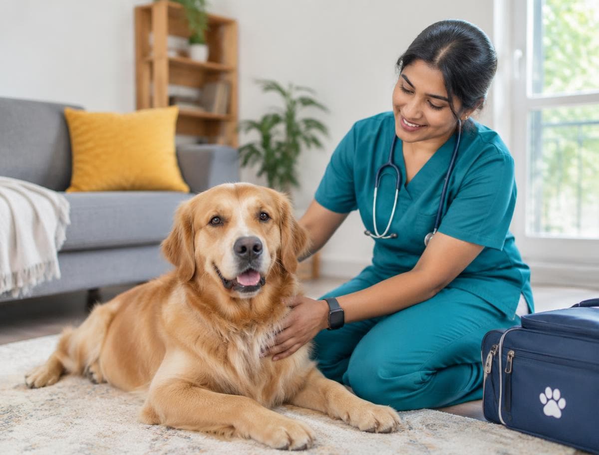 Veterinary technician examining a golden retriever at home
